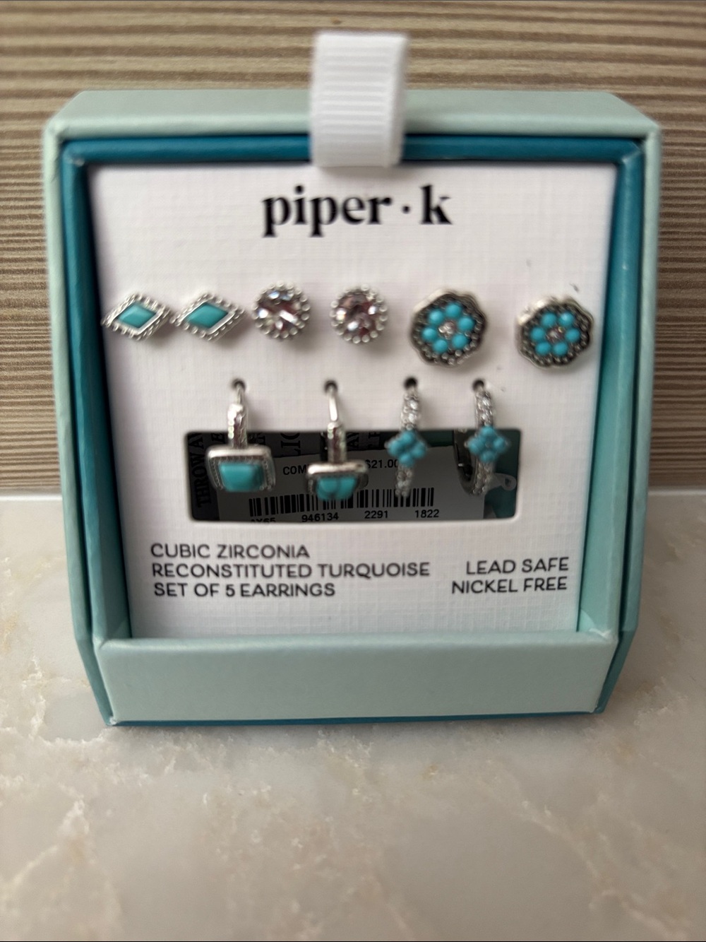 NIB piper·k Silver tone Turquoise Cubic Zirconia 5-Pair Earring Set